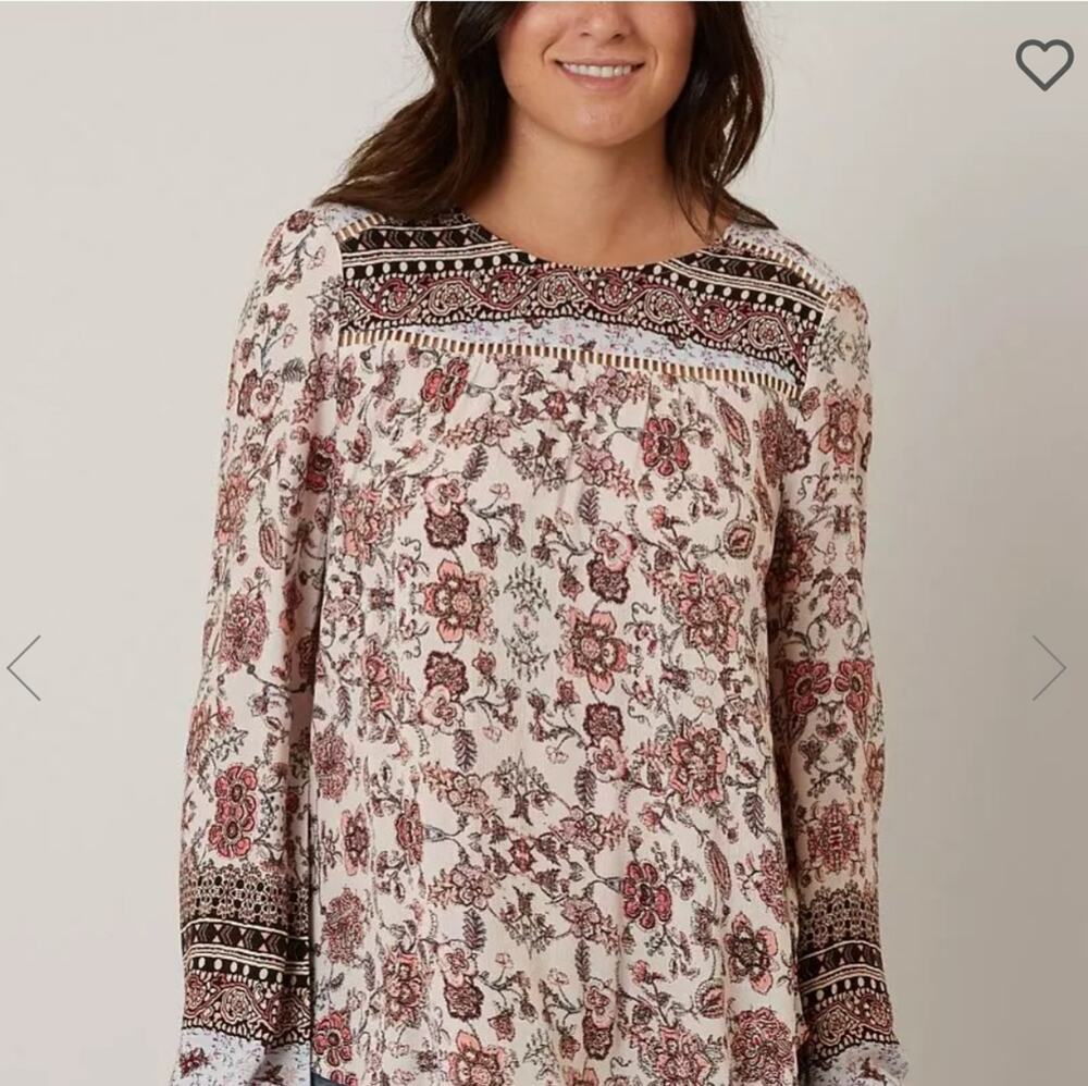 Daytrip Buckle Floral Black/Pink Printed Long Sleeve Blouse Size M BOHO
